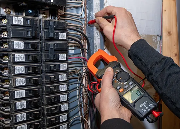 Electrician testing a residential breaker panel during a panel change in Leland, NC
